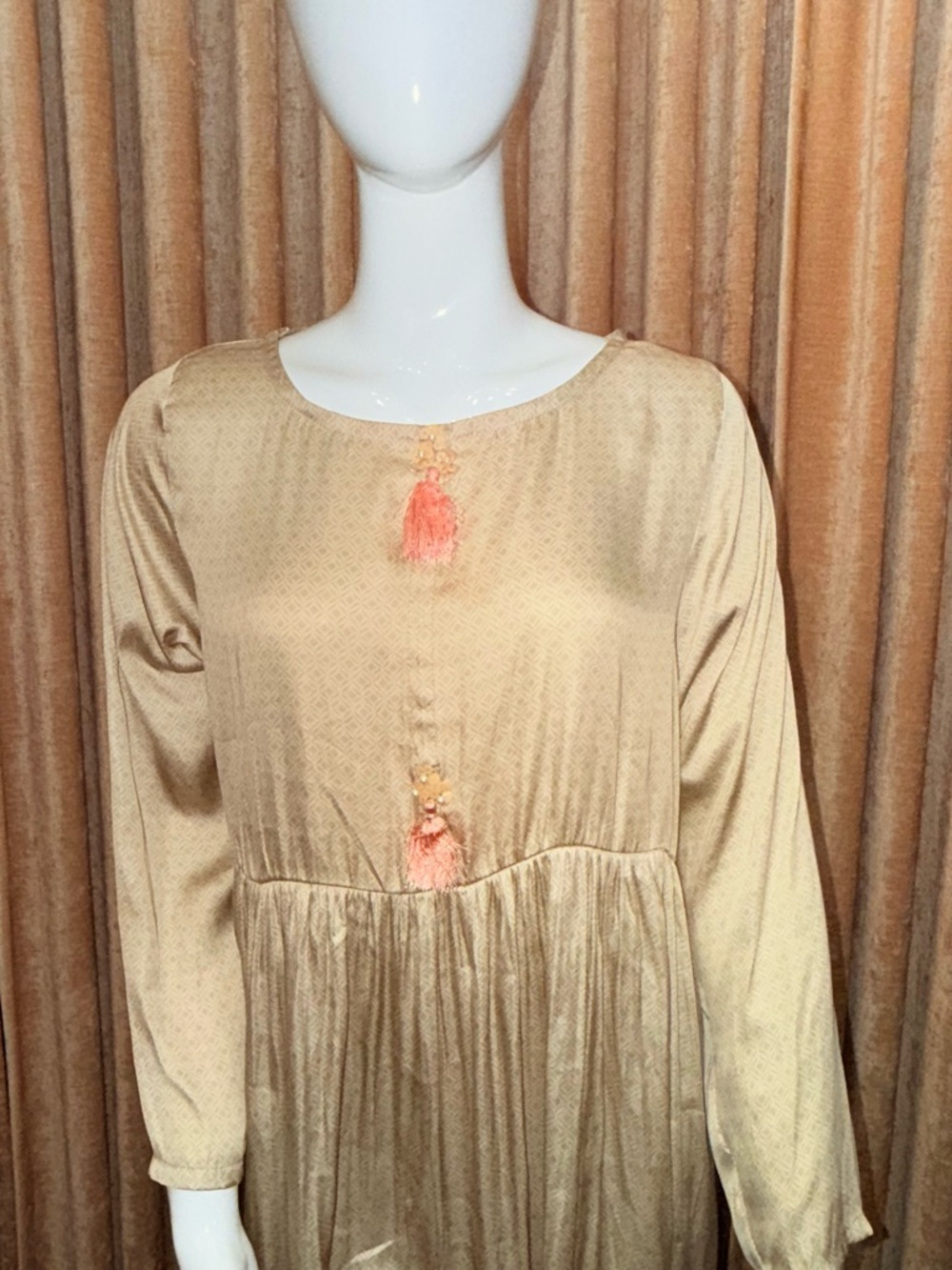 Women's Long-Sleeve Cream Blouse Dress with Tassel Detail